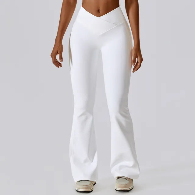 White flared yoga pants, V- waistline